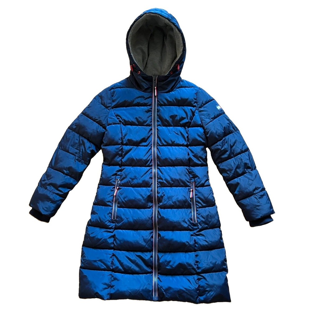 Tommy Hilfiger Women's Long Navy Puffer Coat Size S Hooded Signature Stripe Zip
